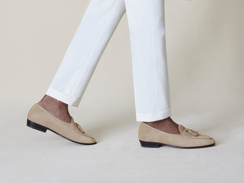 Sagan Classic Tassel Loafers in Greige Asteria Suede