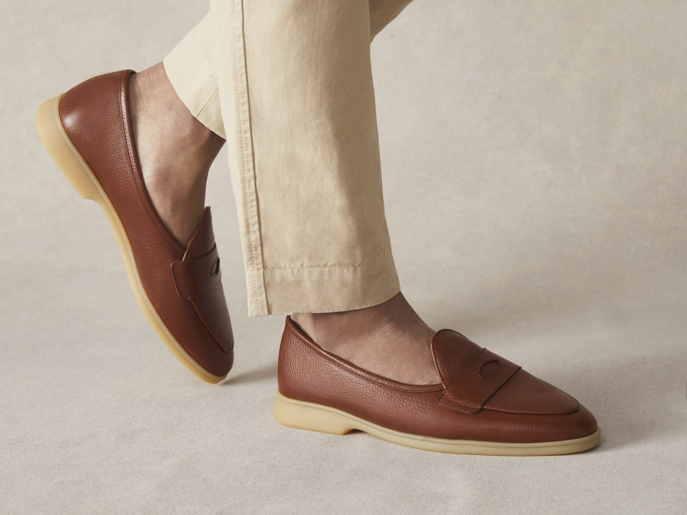Stride Penny Loafers in Tan Moorland Calf with Natural Sole