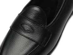 Stride Penny Loafers in Black Moorland Calf with Shearling Lining