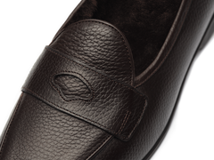 Stride Penny Loafers in Dark Brown Moorland Calf with Shearling Lining
