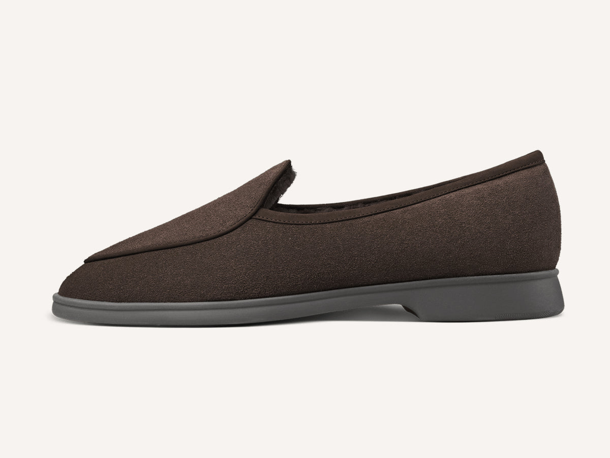 Stride Loafers in Dark Brown Glove Suede with Shearling Lining Dark Sole