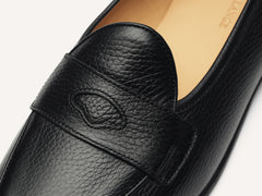 Stride Penny Loafers in Black Moorland Calf with Dark Sole