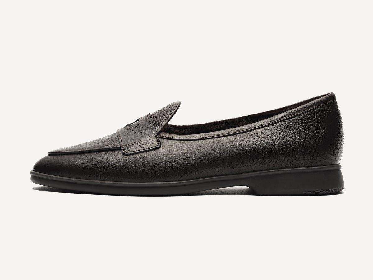 Stride Penny Loafers in Dark Brown Moorland Calf with Shearling Lining