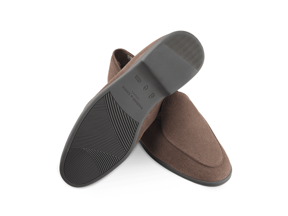 Stride Loafers in Deep Taupe Glove Suede with Shearling Lining Dark Sole