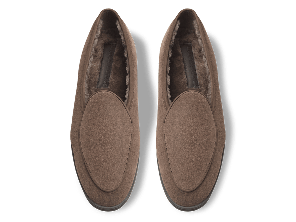 Stride Loafers in Deep Taupe Glove Suede with Shearling Lining Dark Sole