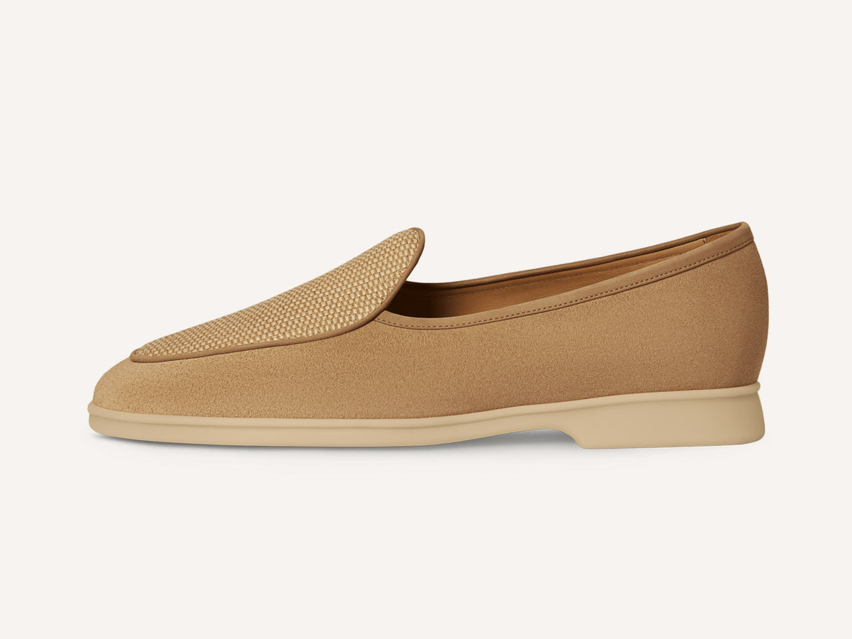 Stride Loafers in Caramel Glove Suede and Raffia with Natural Sole