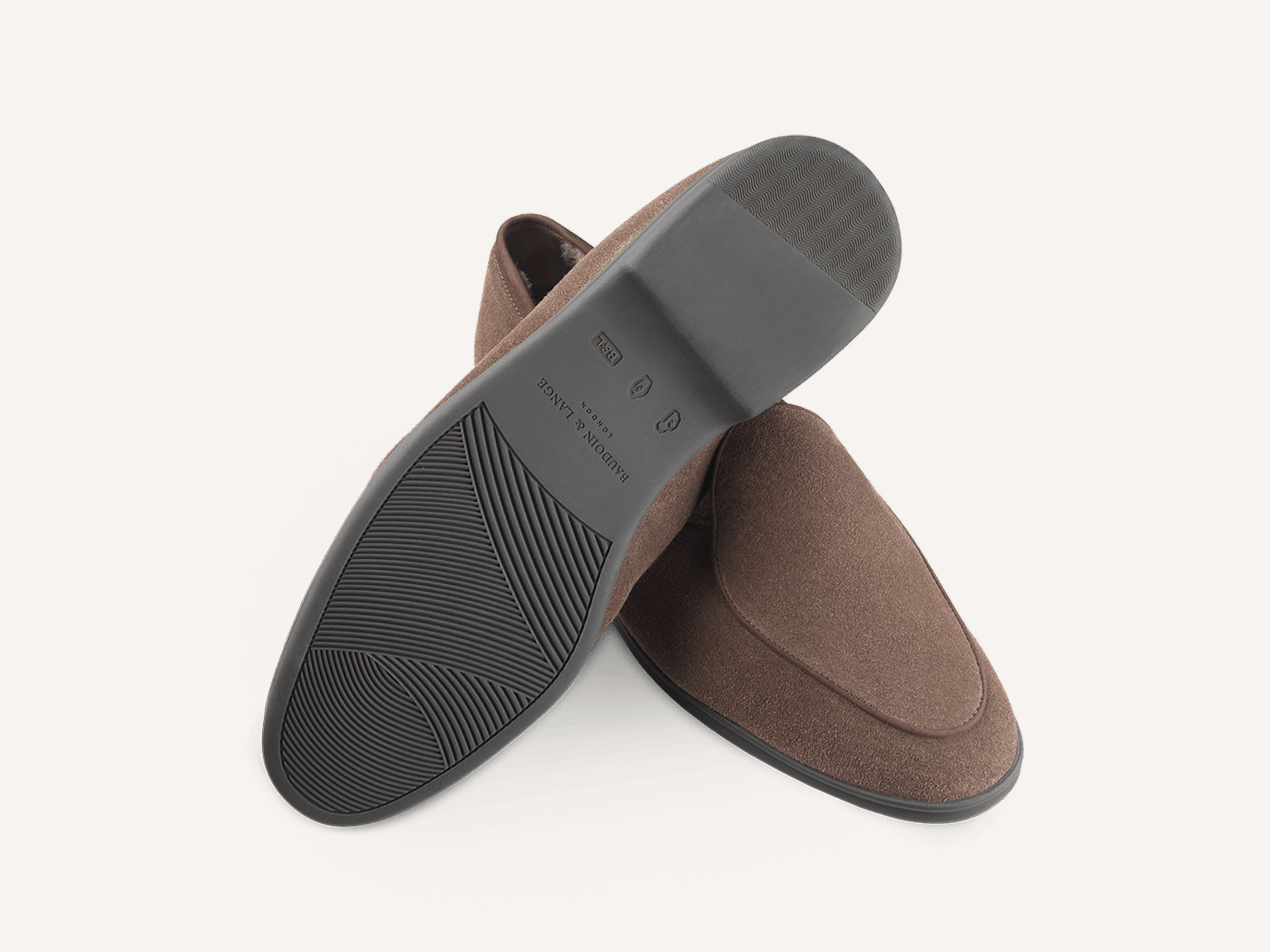 Stride Loafers in Deep Taupe Glove Suede with Shearling Lining Dark Sole