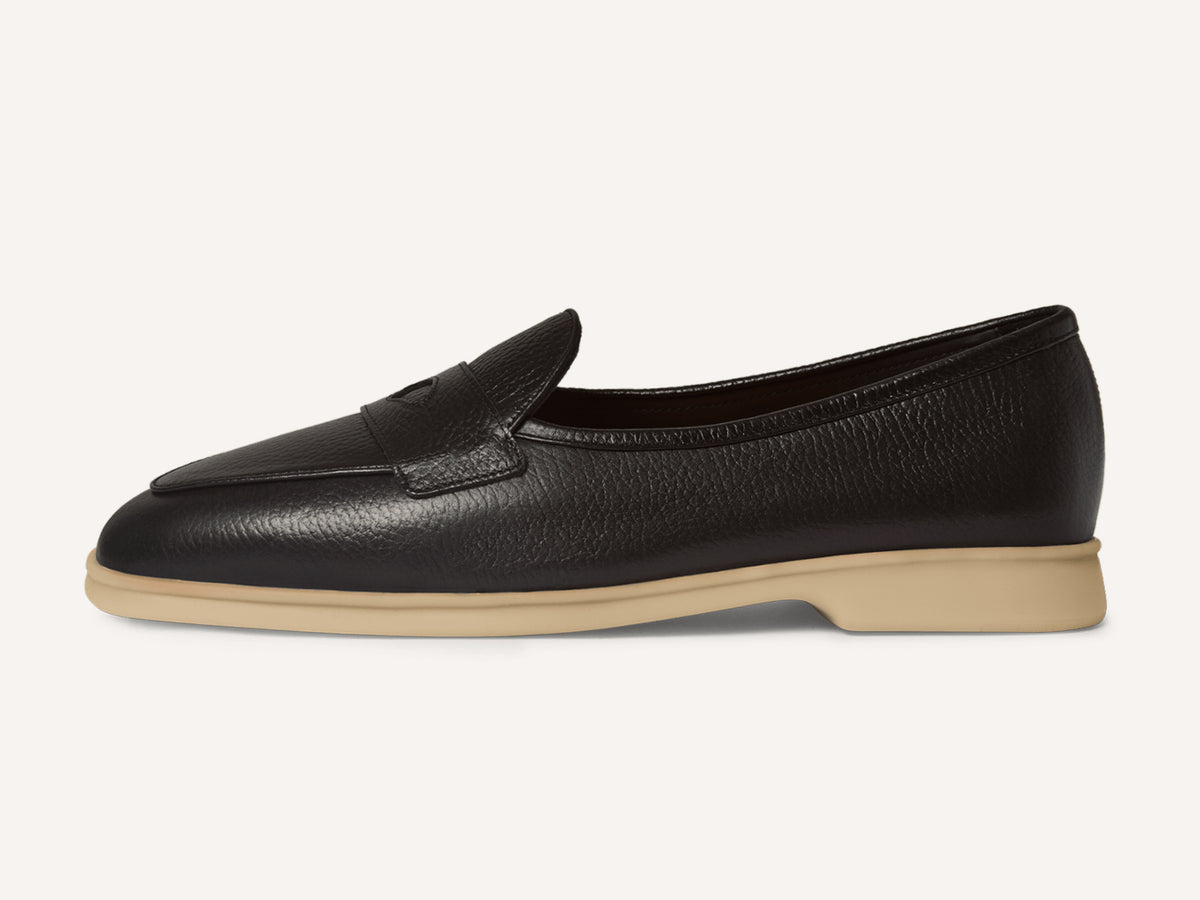 Stride Penny Loafers in Black Moorland Calf with Natural Sole