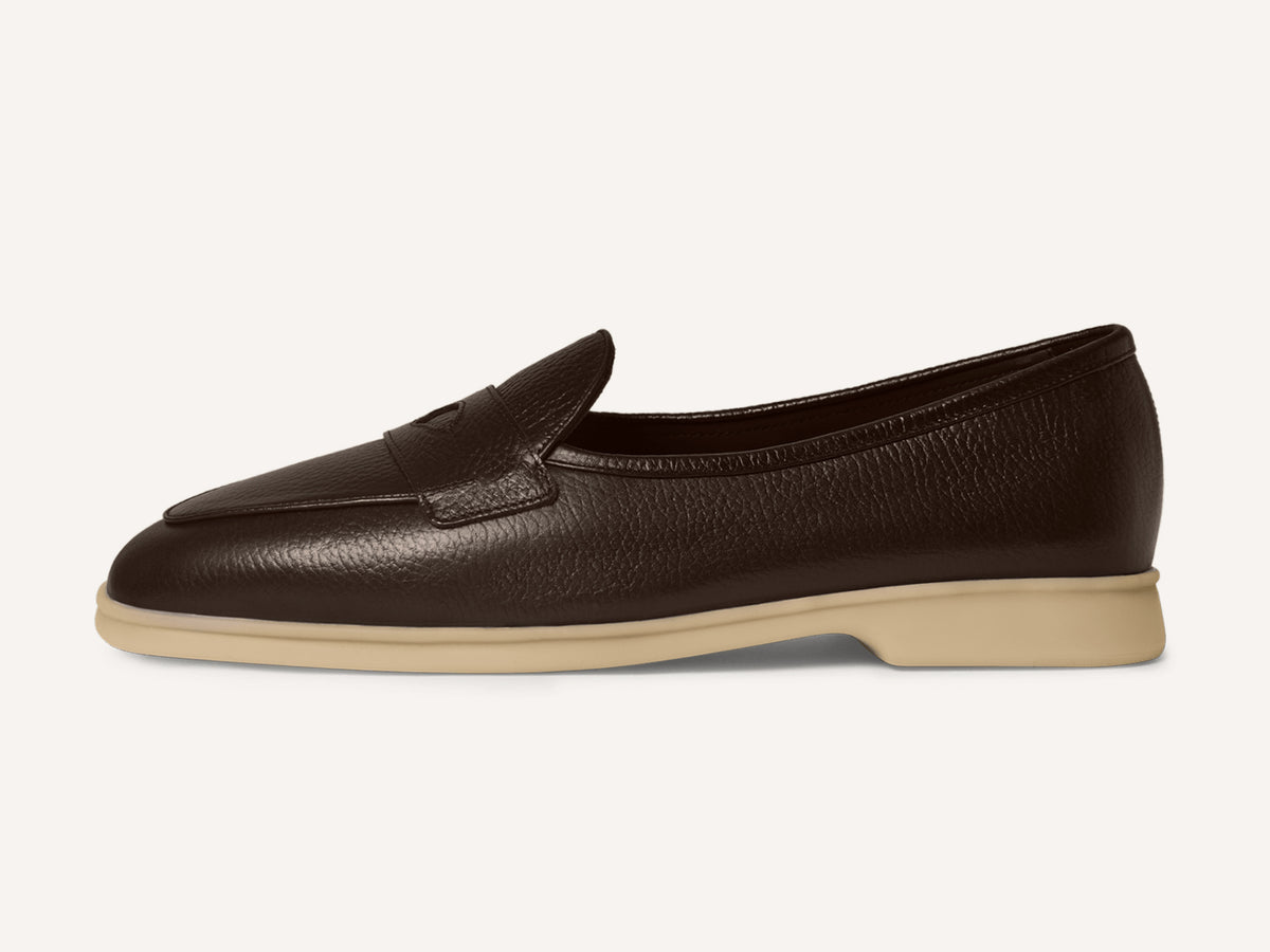 Stride Penny Loafers in Dark Brown Moorland Calf with Natural Sole