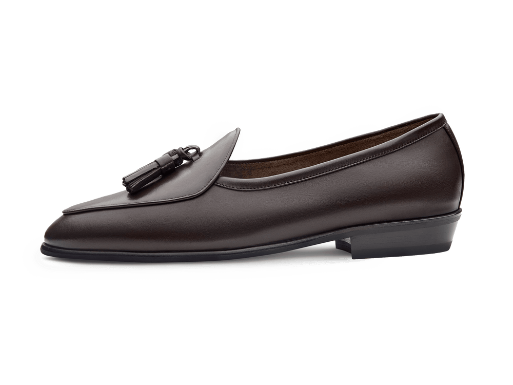 Old Sagan Rubber Tassel Loafers in Dark Brown Drape Calf