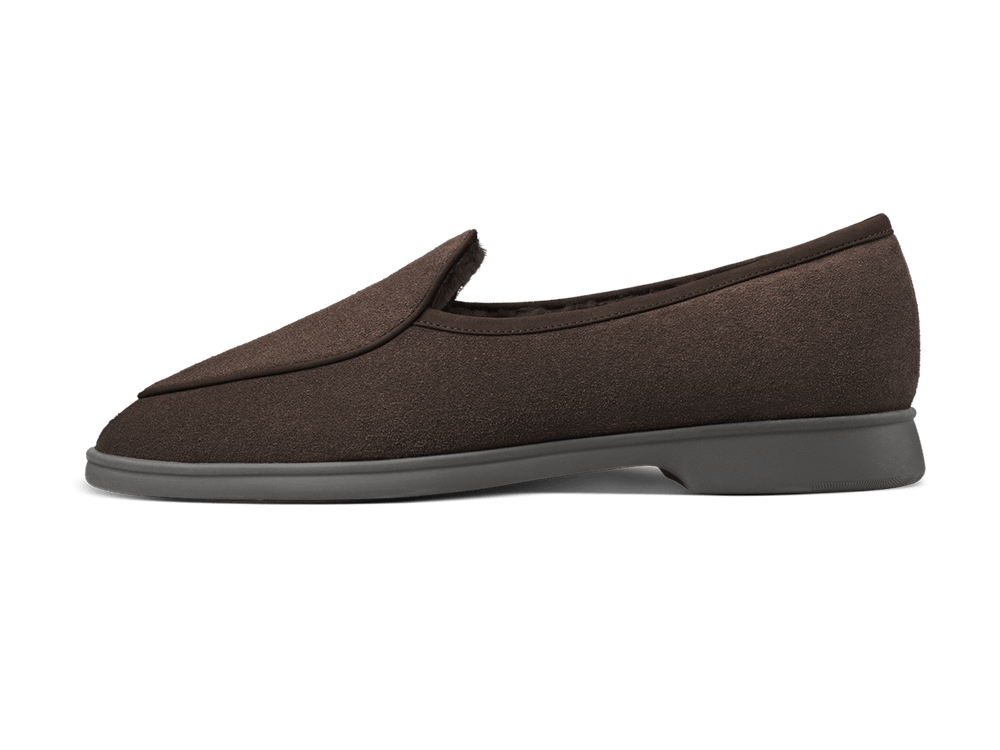 Stride Loafers in Dark Brown Glove Suede with Shearling Lining Dark Sole