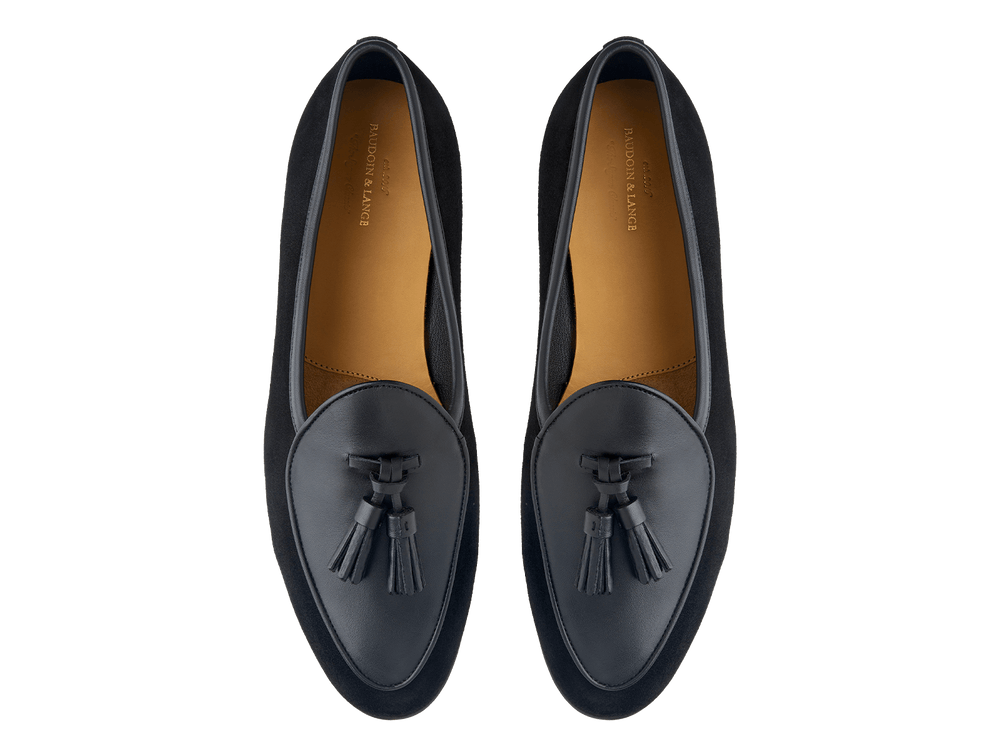 Sagan Classic Tassel Loafers in Black Suede and Black Drape Calf