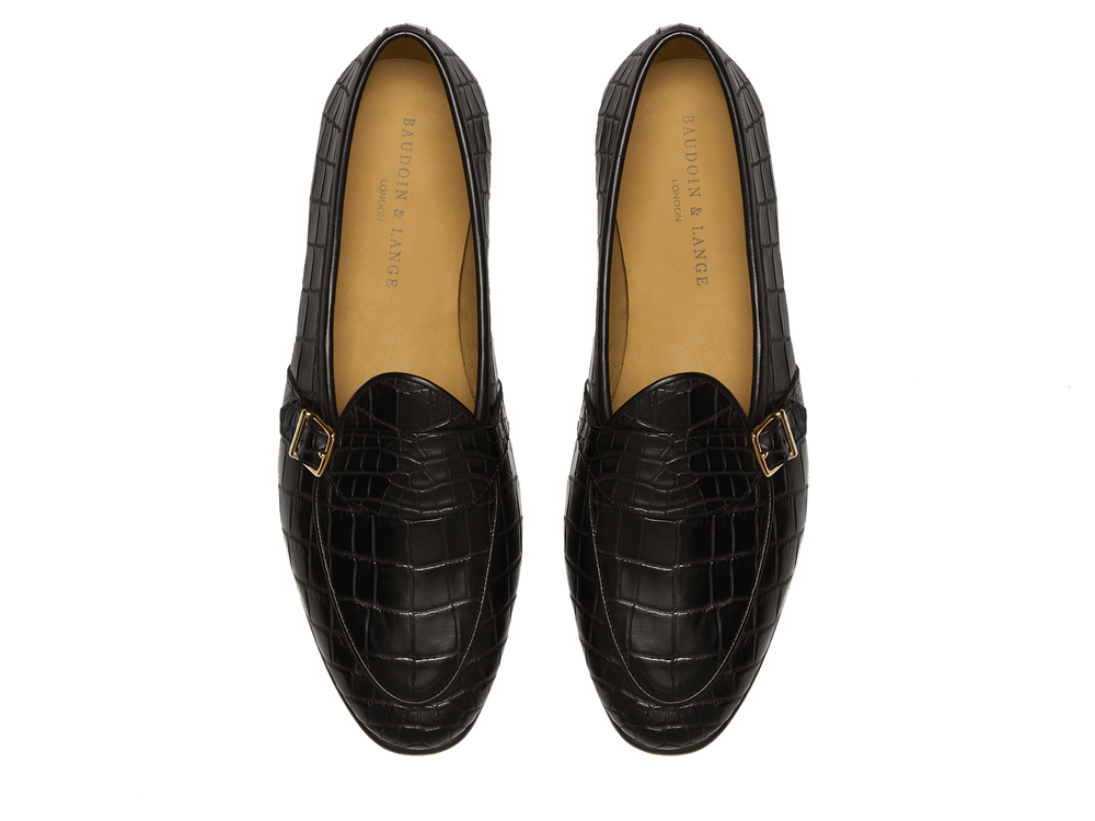 Sagan Buckle Precious Leather Loafers in Obsidian Black Crocodile