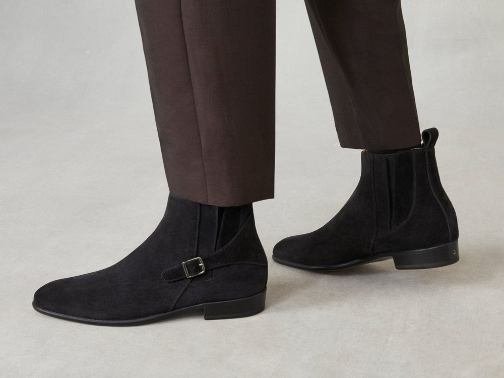 Hopper Buckle Boot in Black Shield Suede