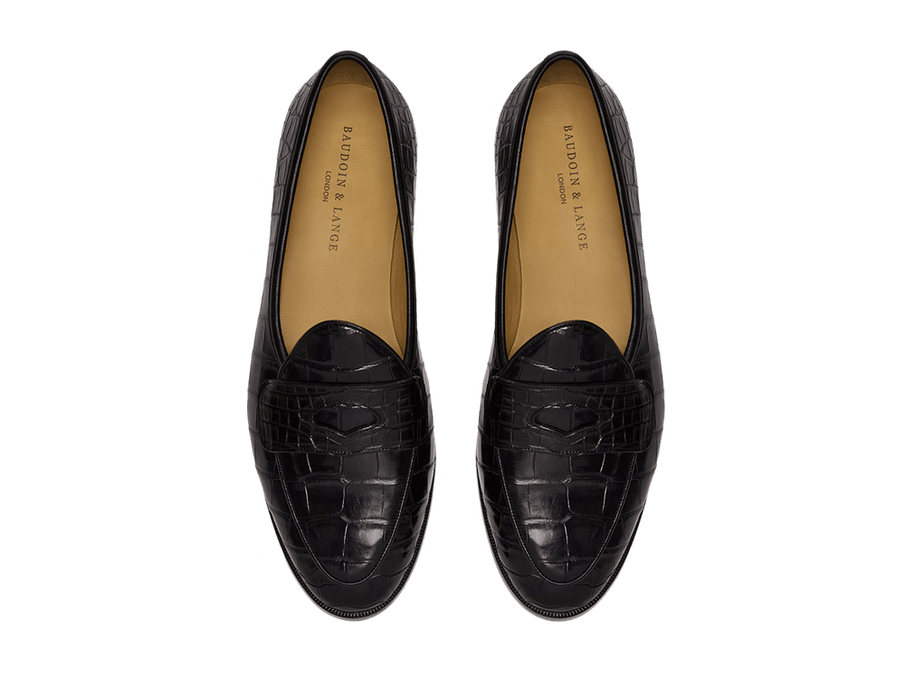 Sagan Ginkgo Precious Leather Loafers in Obsidian Black Crocodile