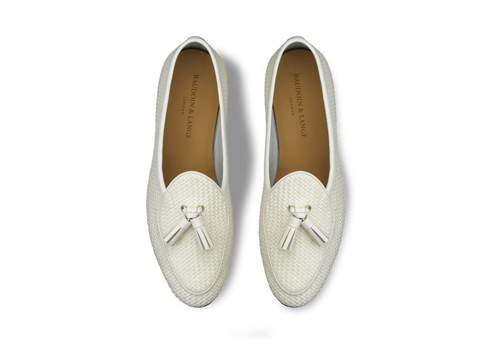 Sagan Classic Tassel Loafers in White Soft Woven Leather