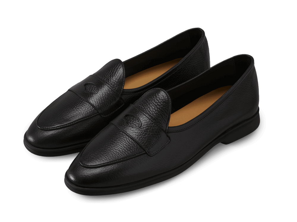 Stride Penny Loafers in Black Moorland Calf with Dark Sole