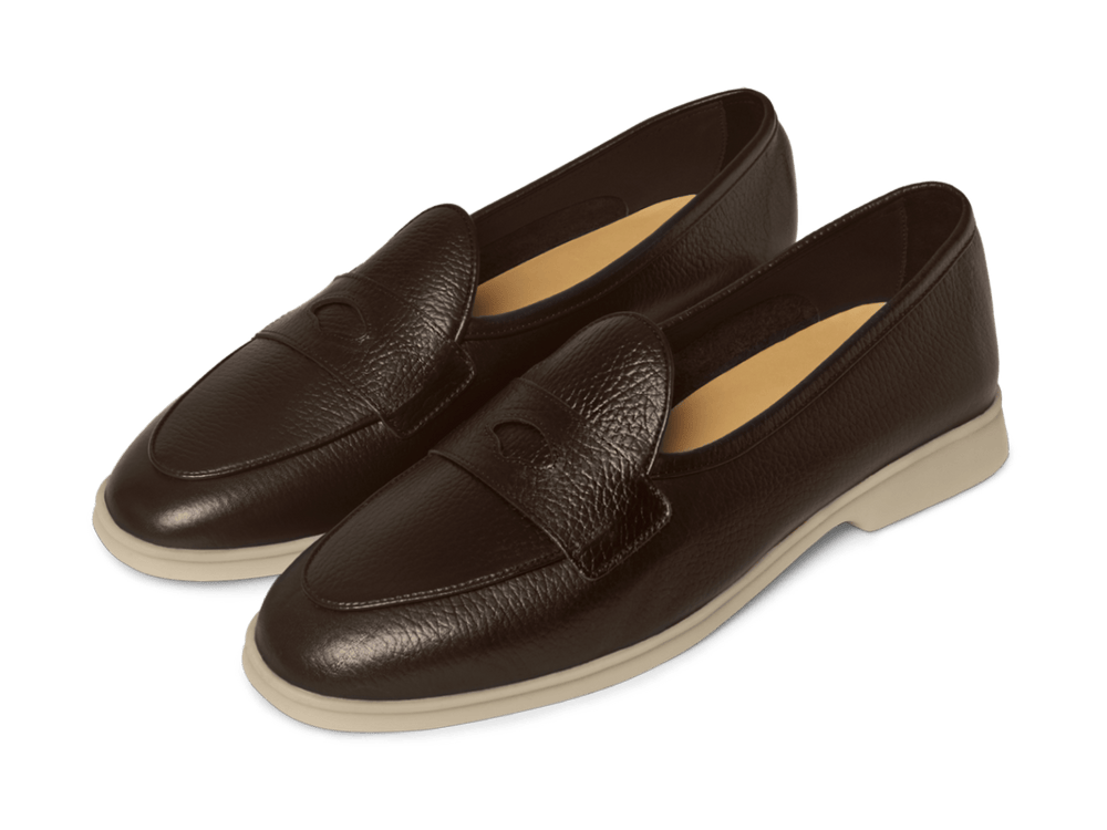 Stride Penny Loafers in Dark Brown Moorland Calf with Natural Sole