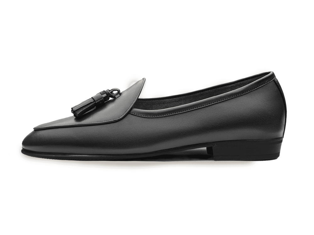 Sagan Classic Tassel Loafers in Black Drape Calf with Rubber Sole