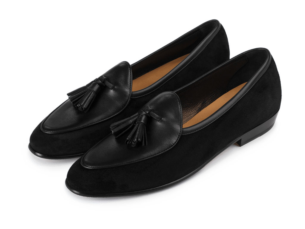 Sagan Classic Tassel Loafers in Obsidian Black Suede and Black Drape Calf with Rubber Grip