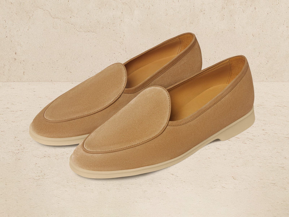 Stride Loafers in Caramel Glove Suede with Natural Sole