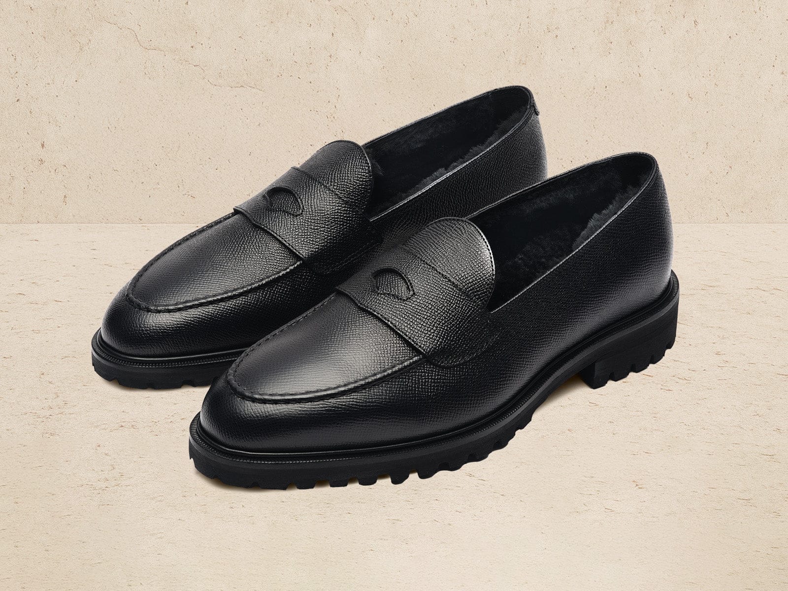 Pall Mall Loafers in Black Hatch Grain Calf with Shearling
