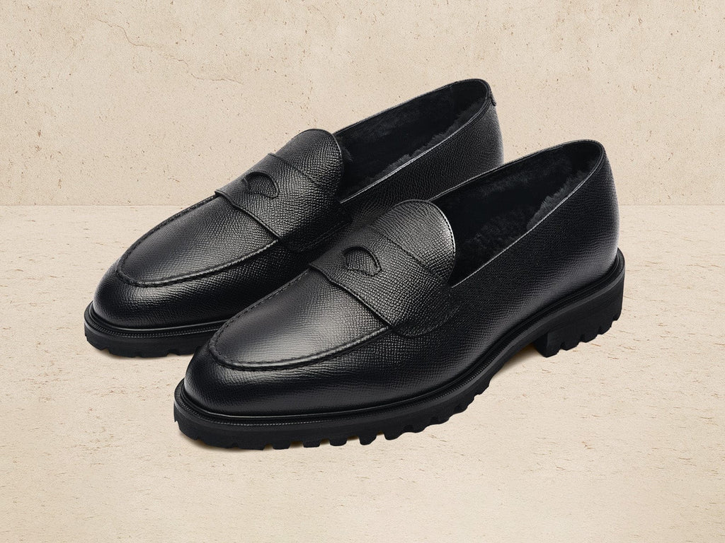 Pall Mall Loafers in Black Hatch Grain Calf with Shearling
