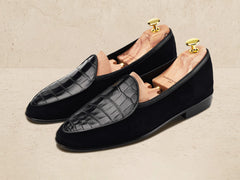 Sagan Classic Precious Leather Loafers in Black Suede and Crocodile
