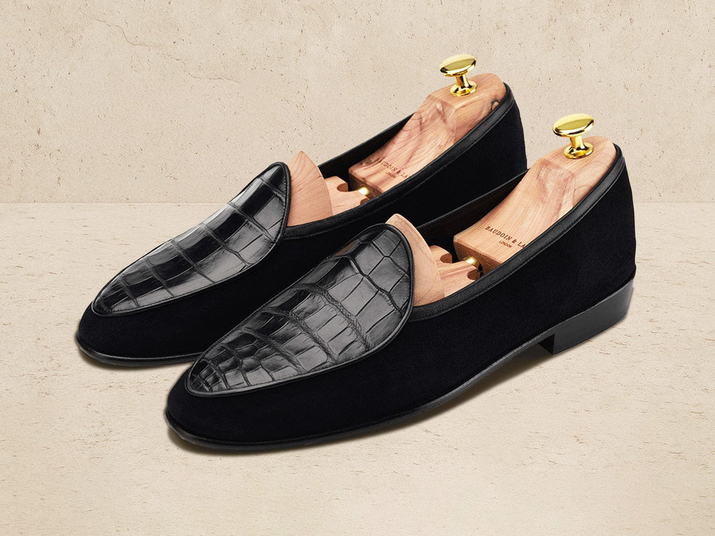 Classic Men's Loafers in Black Suede and Crocodile Baudoin & Lange Classic Men's Loafers in Black Suede and Crocodile Baudoin & Lange