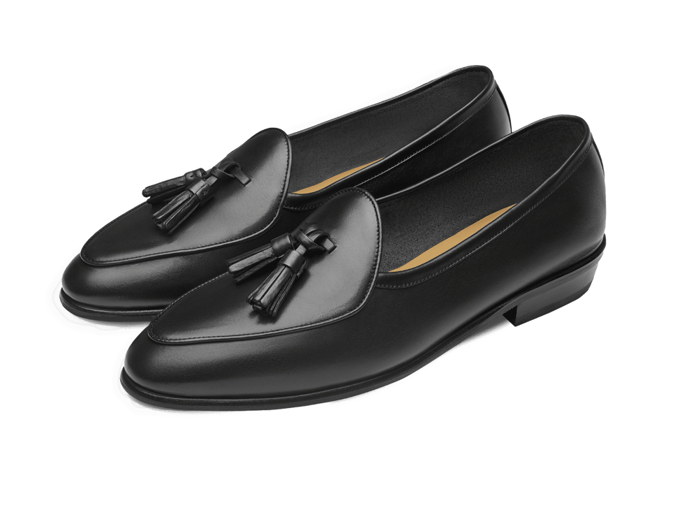 Sagan Classic Tassel Loafers in Black Drape Calf with Rubber Sole