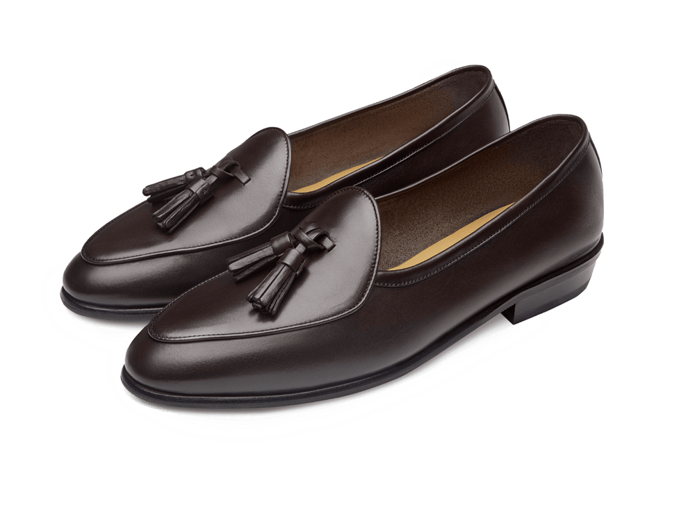 Sagan Classic Tassel Loafers in Dark Brown Drape Calf with Rubber Sole