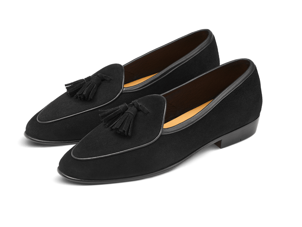 Sagan Classic Tassel Loafers in Obsidian Black Asteria Suede with Leather Sole