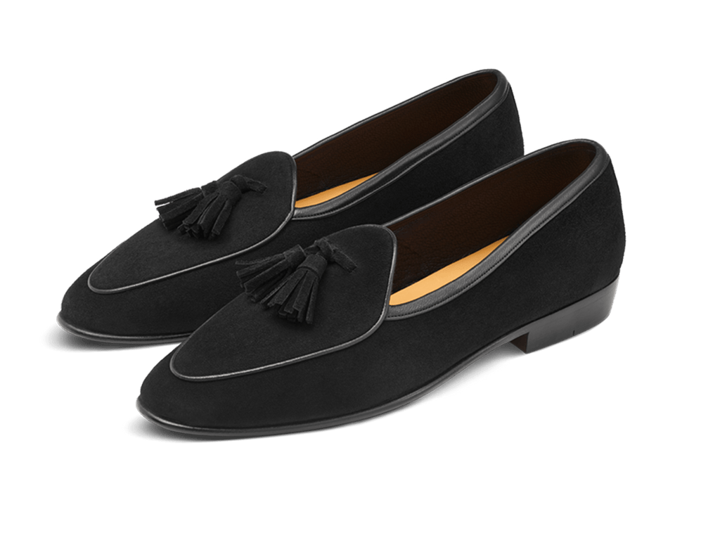 Sagan Classic Tassel Loafers in Obsidian Black Asteria Suede with Leather Sole