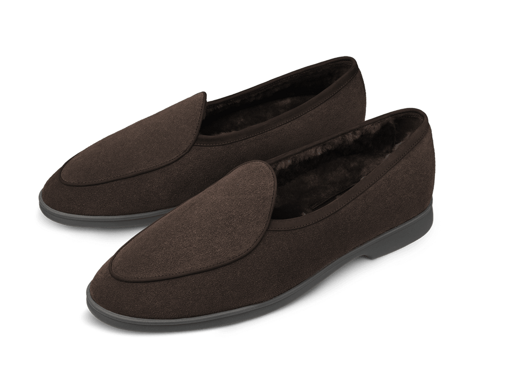 Stride Loafers in Dark Brown Glove Suede with Shearling Lining Dark Sole