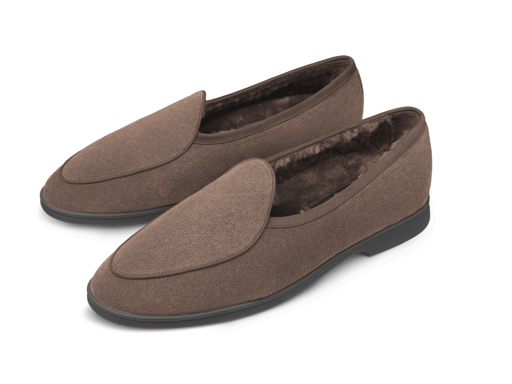 Stride Loafers in Deep Taupe Glove Suede with Shearling Lining Dark Sole