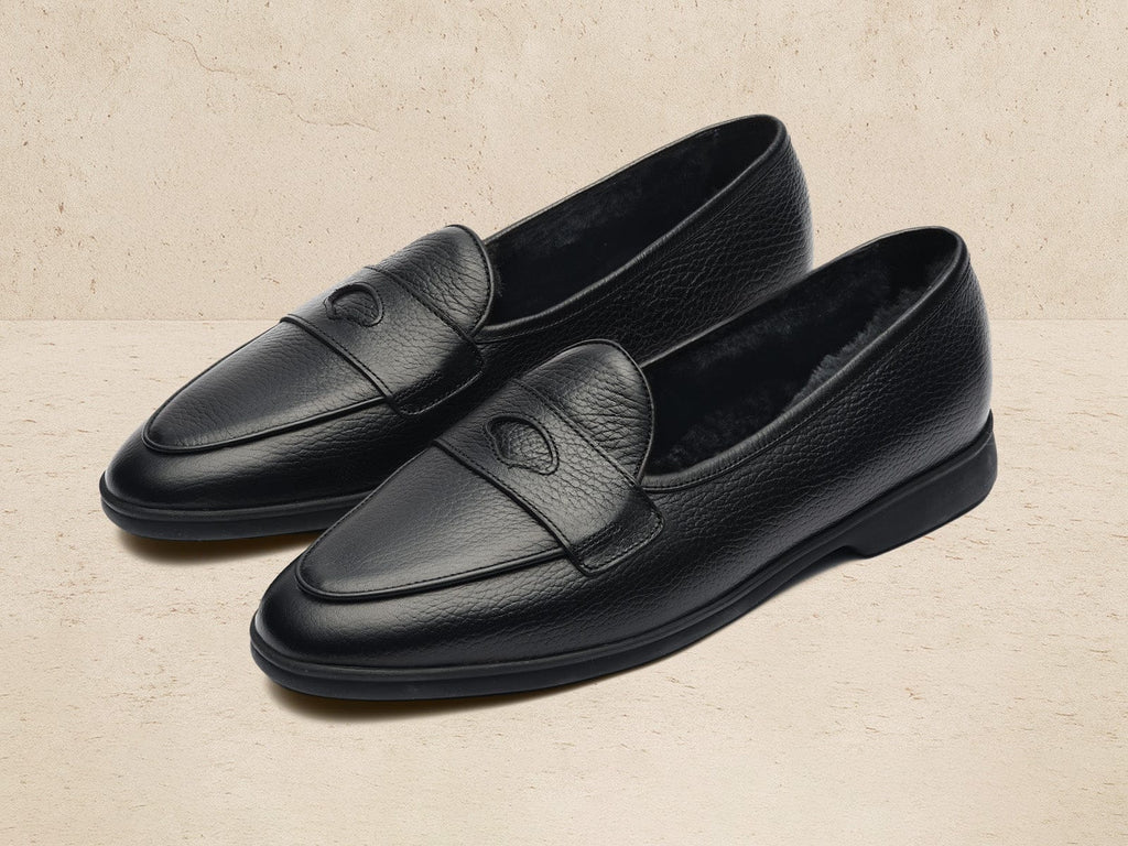 Stride Penny Loafers in Black Moorland Calf with Shearling Lining