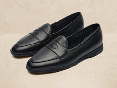 Stride Penny Loafers in Black Moorland Calf with Shearling Lining