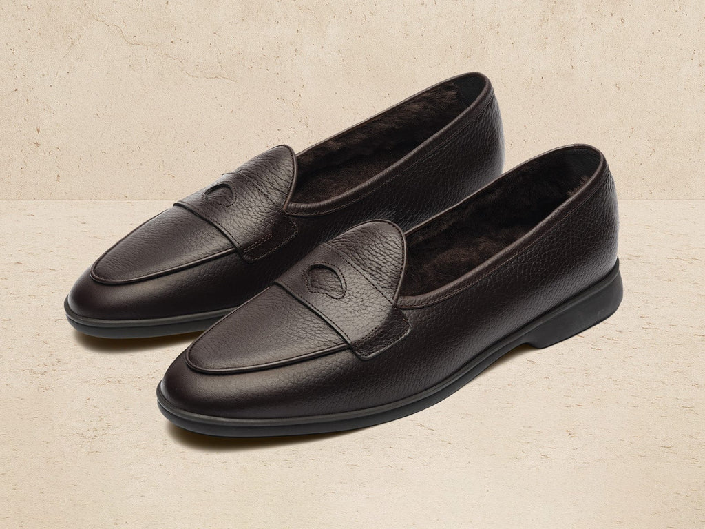 Stride Penny Loafers in Dark Brown Moorland Calf with Shearling Lining