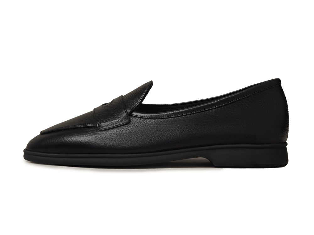 Stride Penny Loafers in Black Moorland Calf with Dark Sole