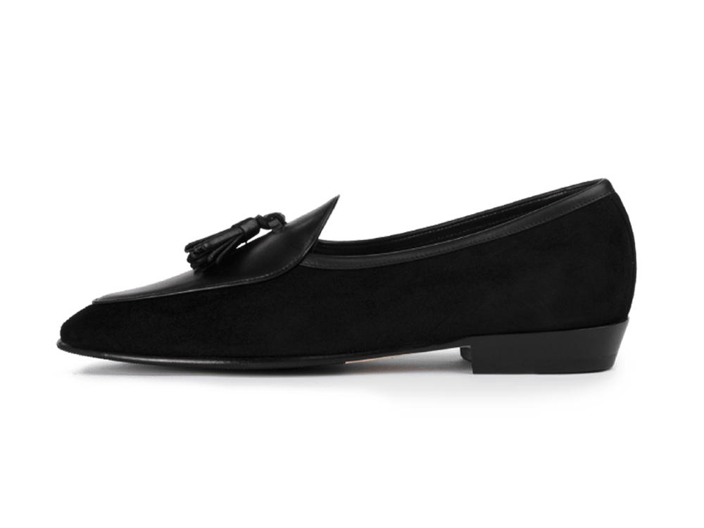 Sagan Classic Tassel Loafers in Obsidian Black Suede and Black Drape Calf with Rubber Grip