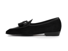 Sagan Classic Tassel Loafers in Obsidian Black Suede and Black Drape Calf with Rubber Grip