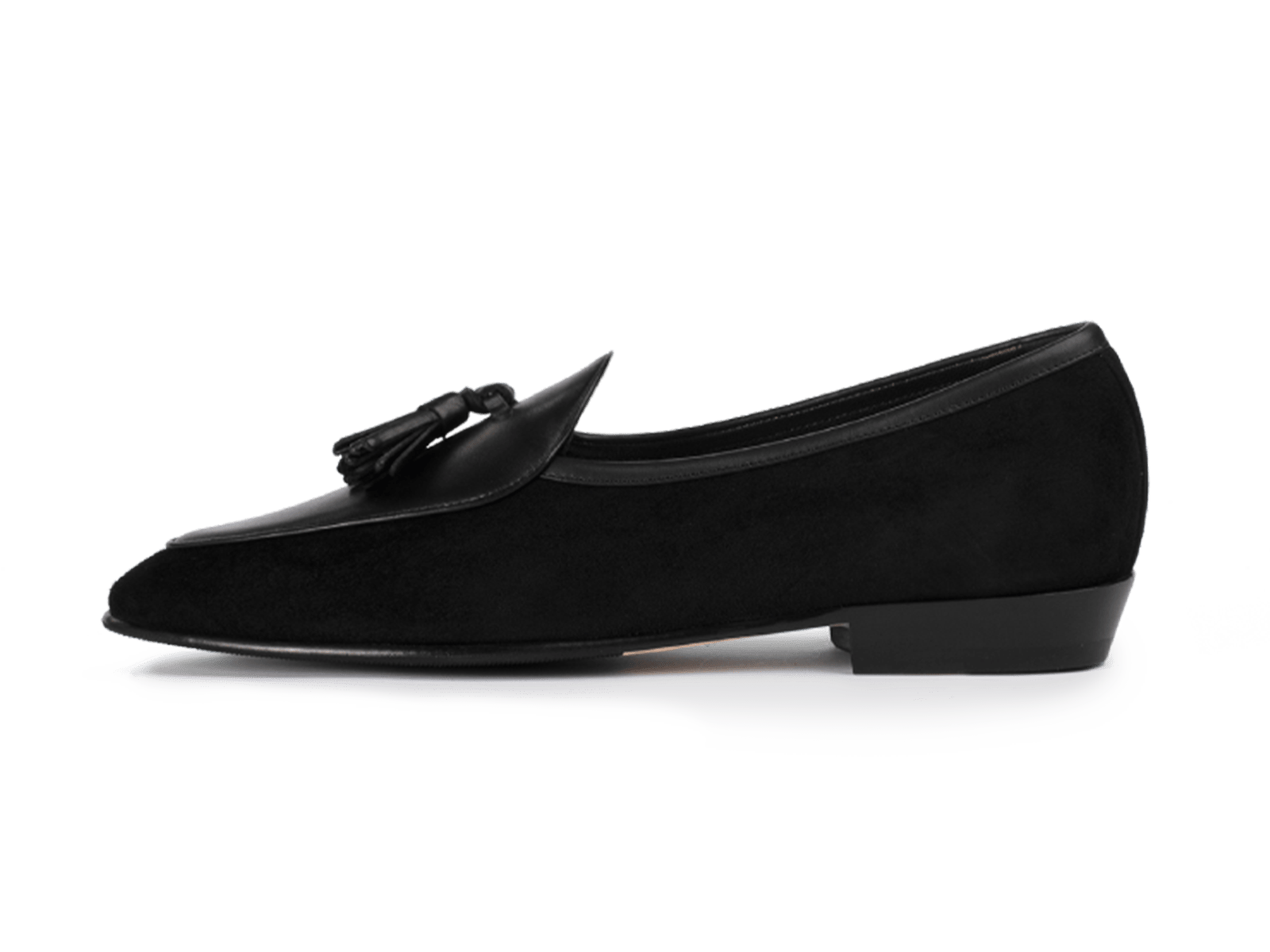 Sagan Classic Tassel Loafers in Obsidian Black Suede and Black Drape Calf with Rubber Grip