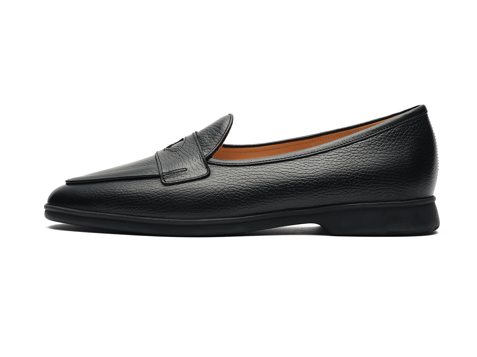 Stride Penny Loafers in Black Moorland Calf with Dark Sole