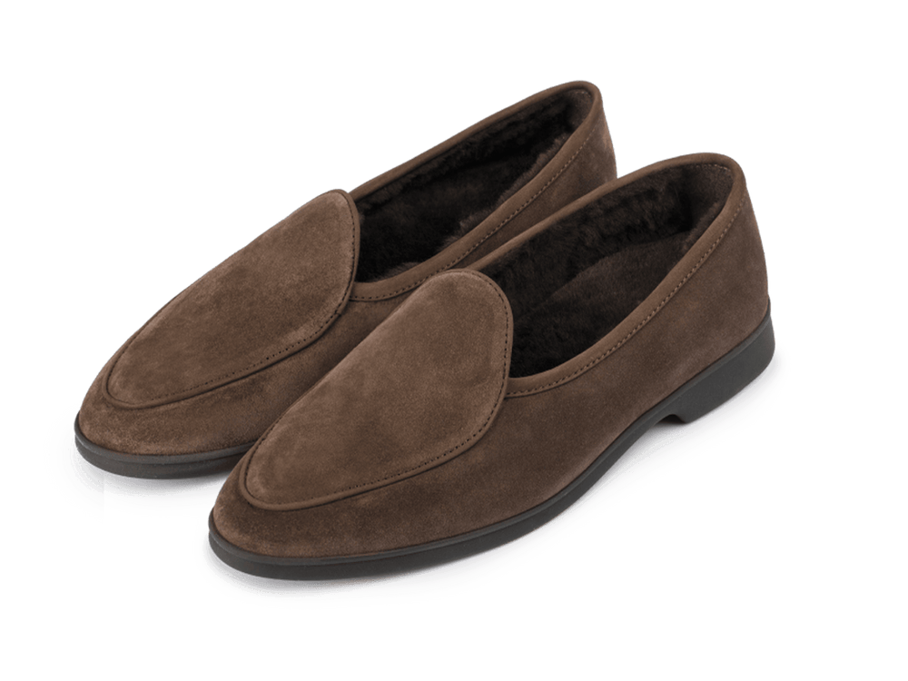 Stride Loafers in Deep Taupe Glove Suede with Shearling Lining Dark Sole