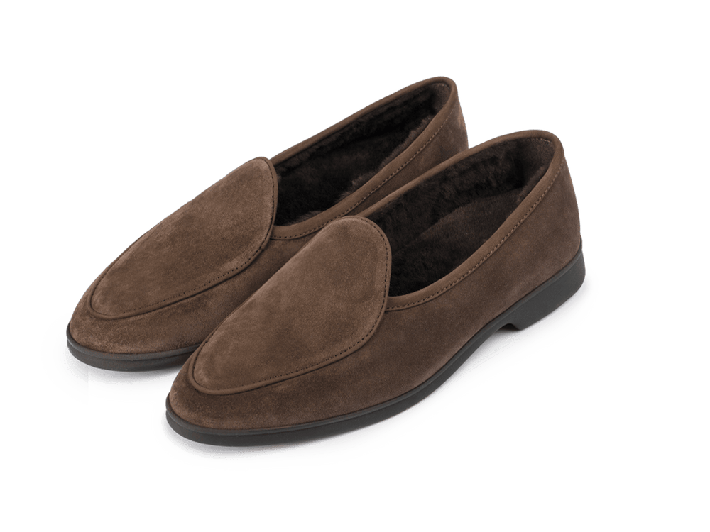 Stride Loafers in Deep Taupe Glove Suede with Shearling Lining Dark Sole