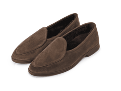 Stride Loafers in Deep Taupe Glove Suede with Shearling Lining Dark Sole