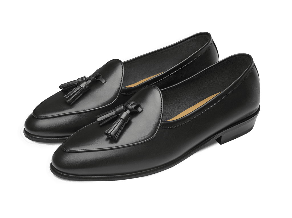 Sagan Classic Tassel Loafers in Black Drape Calf with Rubber Sole