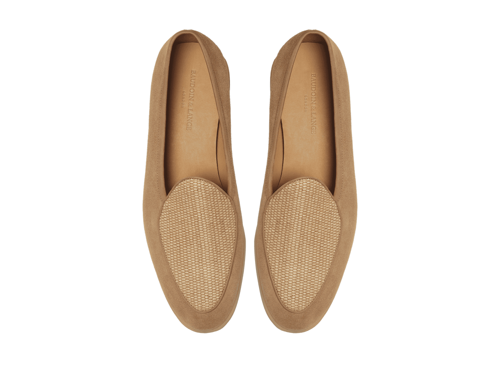 Stride Loafers in Caramel Glove Suede and Raffia with Natural Sole