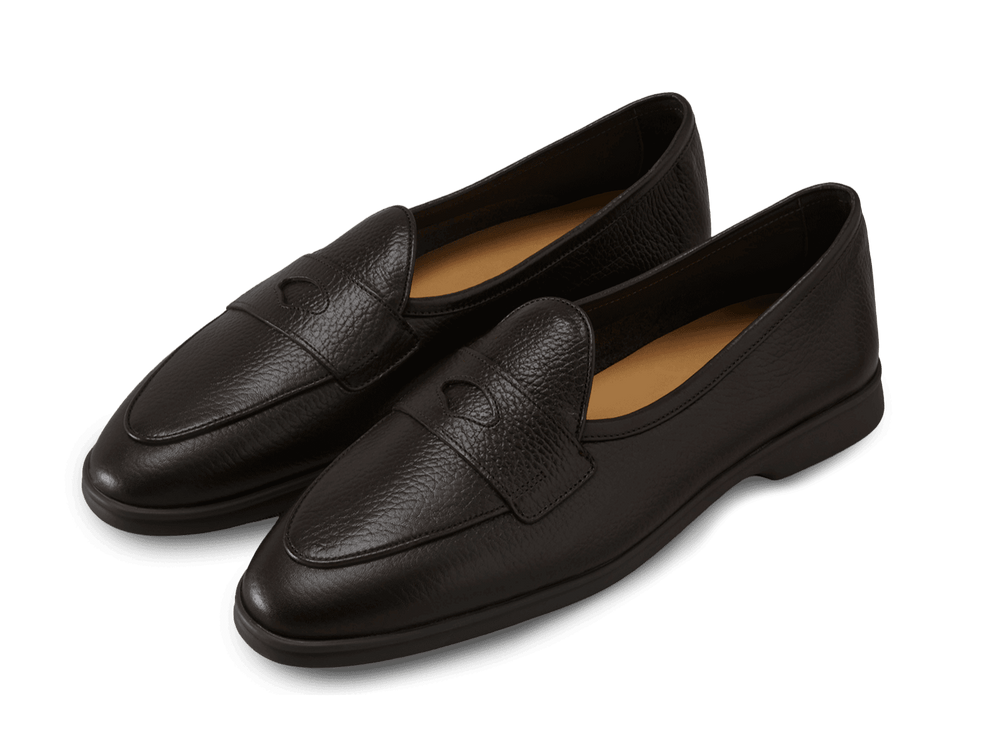 Stride Penny Loafers in Dark Brown Moorland Calf with Dark Sole