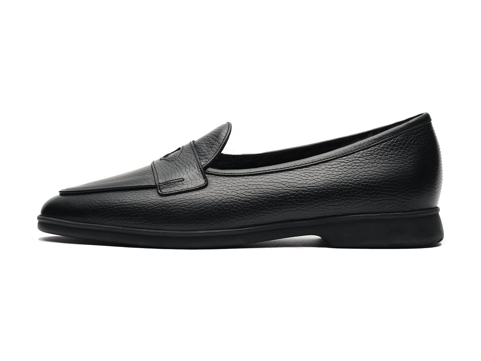 Stride Penny Loafers in Black Moorland Calf with Shearling Lining